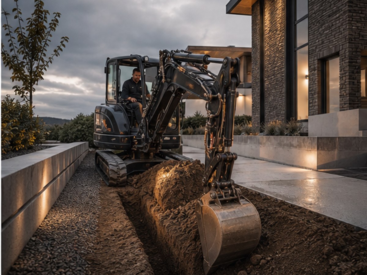 Compact digger excavating a drainage trench
